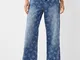 Bershka Jeans Baggy Jacquard Stampa Donna 40 (Eu 36) Azzurro Lavato