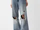 Bershka Jeans Baggy Strappi Donna 36 (Eu 32) Azzurro Lavato