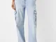 Bershka Jeans Straight Cargo Donna 46 (Eu 42) Azzurro Chiaro