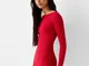 Bershka Vestito Mini Maniche Lunghe Scollo A Barchetta In Maglia A Coste Donna S Rosso