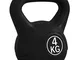  Kettlebell 4kg in Plastica e Sabbia con Base Piatta e Impugnatura, 18x12x20 cm, Nero