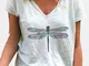 T-shirt da donna con scollo a V manica corta stampata libellula