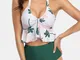 Costumi da bagno sexy da donna a vita alta con stampa di foglie tropicali con scollo all'a...