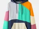 Felpe con cappuccio da uomo con coulisse e tasca a marsupio irregolare colorblock patchwor...