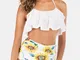 Costume da bagno a balze da donna con stampa floreale a vita alta con scollo all'americana