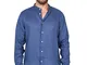 Camicia Uomo Elegante Slim Fit Collo Coreano 100% Lino Camicie Casual Manica Lunga (L, Blu...