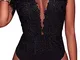 Body sexy da donna, senza maniche, in pizzo, con scollo a V profondo Nero L