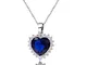 Collana con ciondolo a forma di cuore, in finto zaffiro blu, placcata in oro bianco, con c...