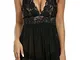 Voqeen Pigiama Babydoll Abito Pizzo Lingerie Hot Ricamo Seno Donna con Perizoma Trasparent...