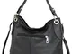 Ambra Moda GL012 - Borsa a tracolla da donna in vera pelle, Nero (Nero ), Large