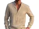 Carolilly Camicia da Uomo Manica Lunga in Lino di Cotone con Bottoni Camicia Uomo con Coll...