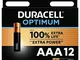 Duracell - Optimum AAA, Batterie Ministilo Alcaline, confezione da 12, 1.5 V LR03 MX2400