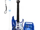 Chitarra blu - microfono - treppiedi - amplificatore