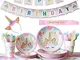 YiRAN Set Servizio da 116 Pezzi a Tema Unicorno Rosa Include Banner Piatti Bicchieri Tovag...