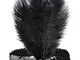 "BLACK SEQUIN HEADBAND WITH 2 FEATHERS & GEM" -