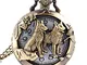 Orologio da tasca al quarzo con catenina, con coperchio in bronzo intagliato con lupi e lu...