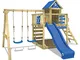 WICKEY Parco giochi in legno Smart Cave Giochi da giardino con altalena e scivolo blu, Cas...