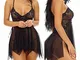 Xooloveer Donna Babydoll Di Pizzo Lingerie Sexy trasparente Side Aperto + G-Stringa, Nero,...