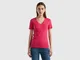 Benetton, T-shirt In Puro Cotone Con Scollo A V, Fucsia, Donna