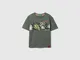 Benetton, T-shirt Con Stampa Esotica, Verde Militare, Bambini