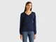 Benetton, Maglia Scollo A V In Pura Lana Merino, Blu Scuro, Donna