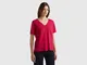 Benetton, T-shirt Scollo A V In Cotone Fiammato, Ciclamino, Donna