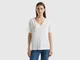 Benetton, T-shirt Scollo A V In Cotone Fiammato, Bianco, Donna