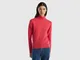 Benetton, Maglione Dolcevita Fucsia In Pura Lana Merino, Fucsia, Donna