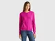 Benetton, Cardigan Girocollo Fucsia Ciclamino In Pura Lana Merino, Ciclamino, Donna