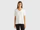 Benetton, T-shirt Scollo A V In Viscosa Sostenibile Stretch, Bianco Panna, Donna