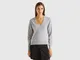 Benetton, Maglione Grigio Mélange Con Scollo A V In Pura Lana Merino, Grigio Chiaro, Donna