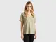 Benetton, T-shirt Scollo A V In Cotone Fiammato, Verde Chiaro, Donna