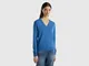 Benetton, Maglia Con Scollo A V Blu In Pura Lana Merino, Blu, Donna