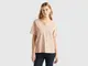 Benetton, T-shirt Scollo A V In Cotone Fiammato, Rosa Tenue, Donna