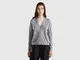 Benetton, Maglia Scollo A V In Pura Lana Merino, Grigio Chiaro, Donna