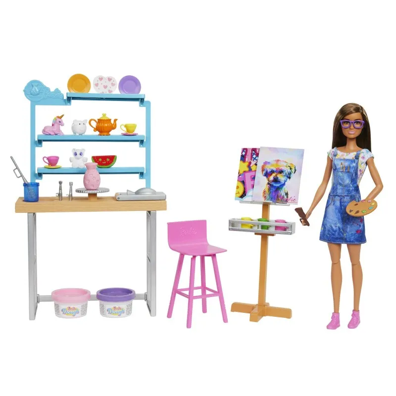 Barbie Relax and Create Atelier - Playset con Bambola e Plastilina per Vasi Pittura 25+ Accessori Alta 29 cm Regalo Bambini 3-7