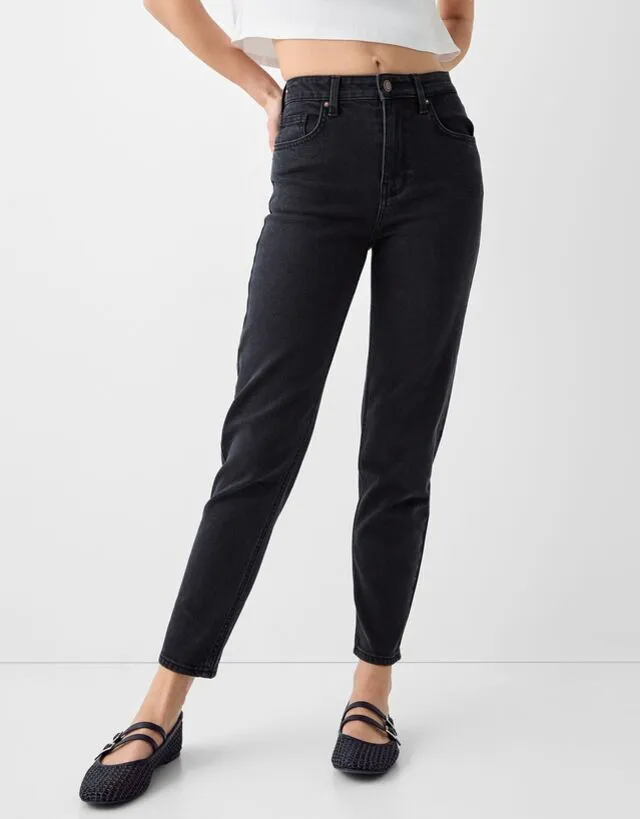 Bershka Mom Jeans Slim Comfort Fit Donna 40 (Eu 36) Nero