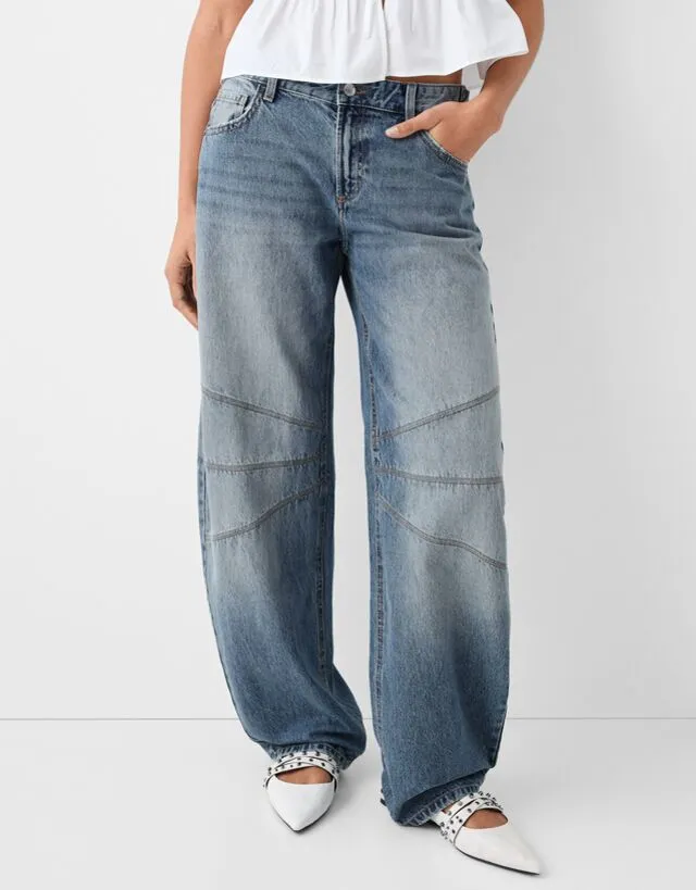 Bershka Jeans Balloon Low Waist Tagli Donna 40 (Eu 36) Azzurro Lavato