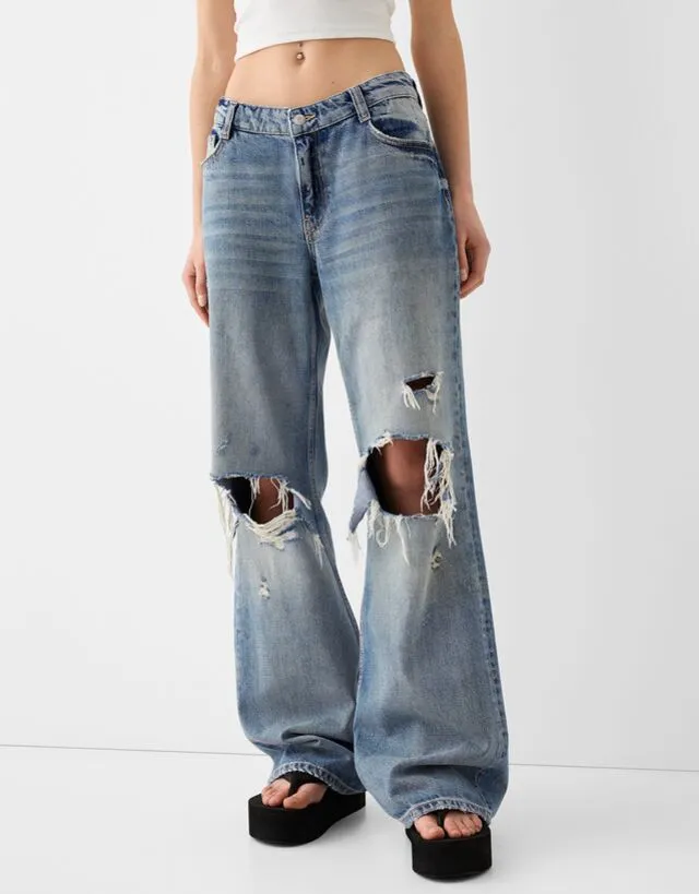 Bershka Jeans Baggy Strappi Donna 44 (Eu 40) Azzurro Lavato