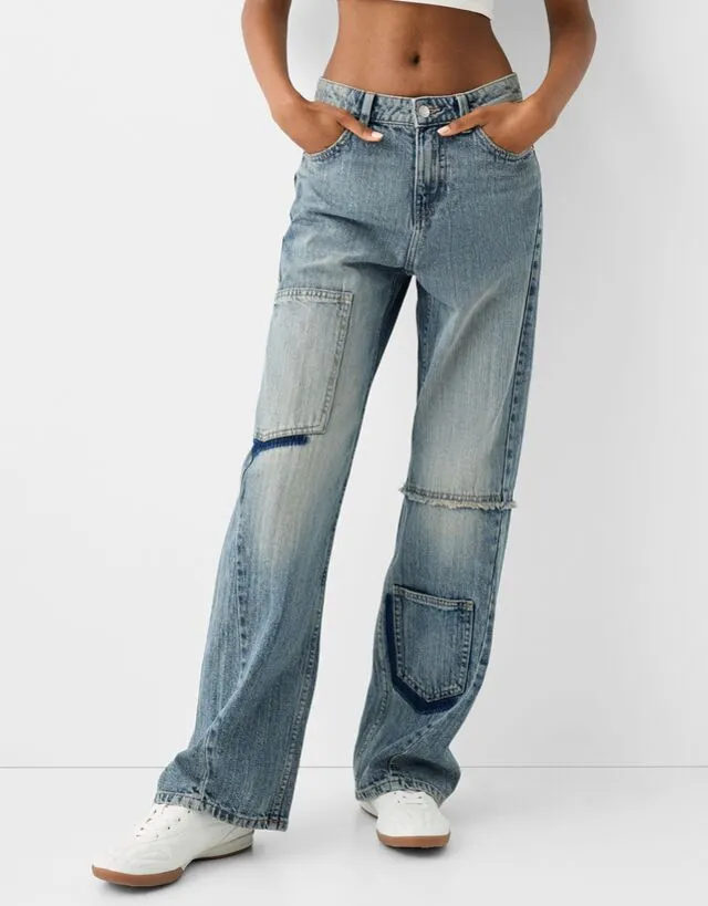 Bershka Jeans Baggy Wide Leg Stile Worker Donna 40 (Eu 36) Azzurro Lavato