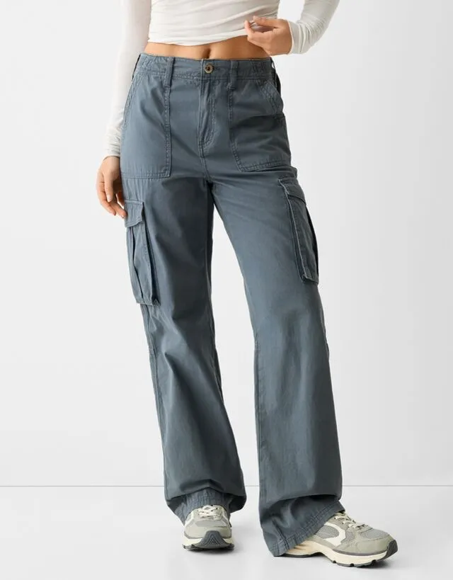 Bershka Pantaloni Cargo Straight Fit Regolabili Donna 48 (Eu 44) Azzurro