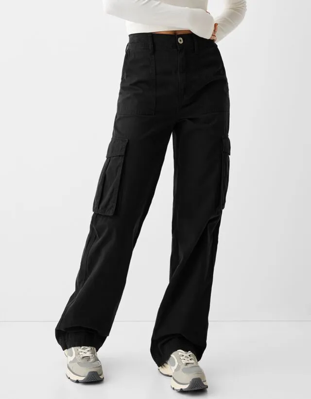 Bershka Pantaloni Cargo Straight Fit Regolabili Donna 36 (Eu 32) Nero