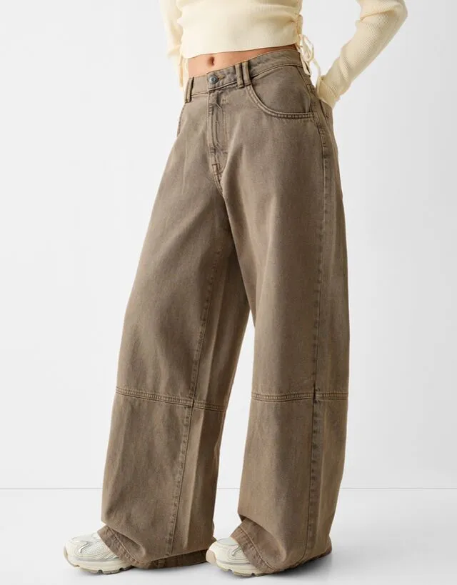 Bershka Pantaloni Wide Leg Skater Fit In Twill Donna 38 (Eu 34) Marrone