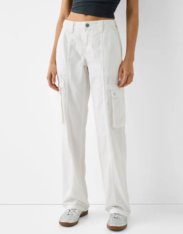 Bershka Pantaloni Cargo Straight Fit Regolabili In Cotone Donna 42 (Eu 38) Bianco