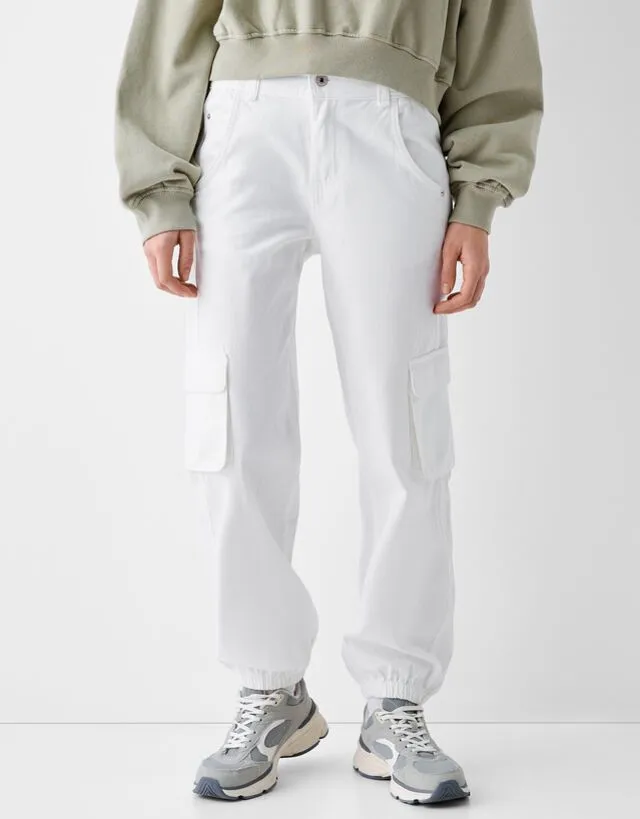 Bershka Pantaloni Jogger In Cotone Donna Xl Bianco Roto