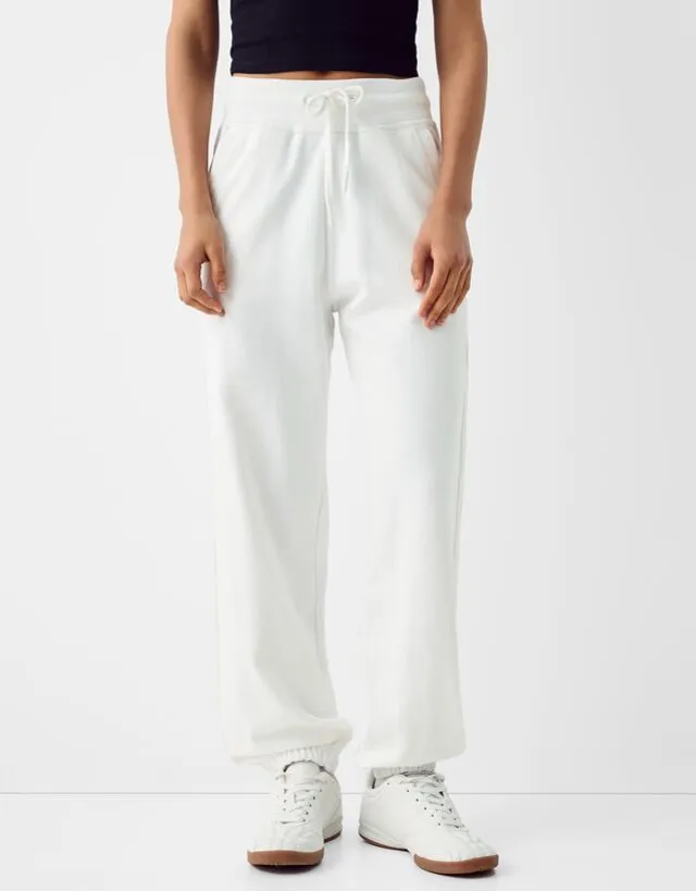 Bershka Pantaloni Jogger In Felpa Donna Xs Bianco Roto