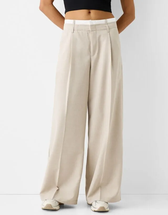 Bershka Pantaloni Wide Leg Tailored Fit Dettaglio Vita A Contrasto Donna 42 (Eu 38) Camel