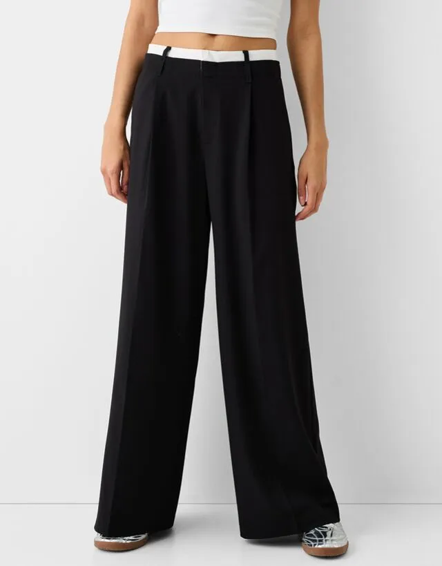 Bershka Pantaloni Wide Leg Tailored Fit Dettaglio Vita A Contrasto Donna 44 (Eu 40) Nero