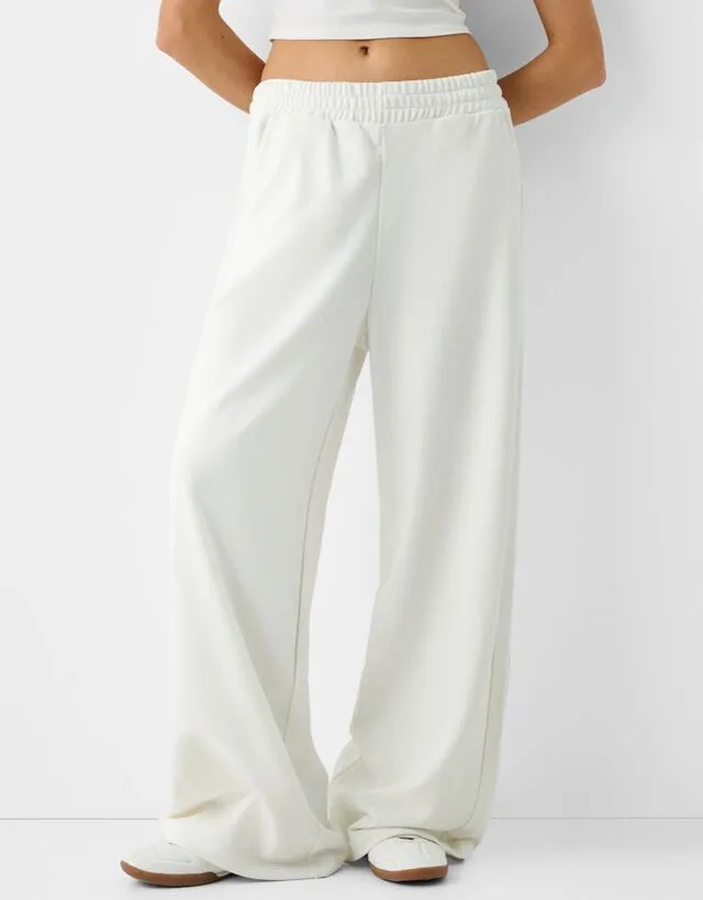 Bershka Pantaloni Wide Leg Felpa Donna S Bianco Roto