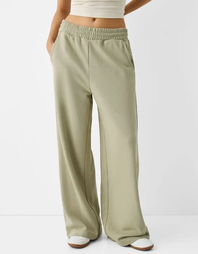 Bershka Pantaloni Wide Leg Felpa Donna S Kaki